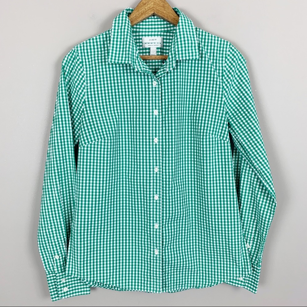J CREW Green + White Button Down Top